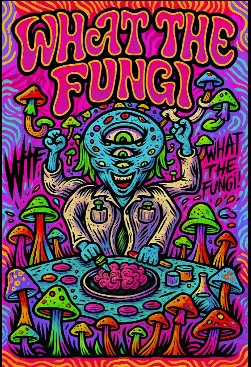 What The Fungi poster artwork, a psychedelic alien mycologist at a lab bench